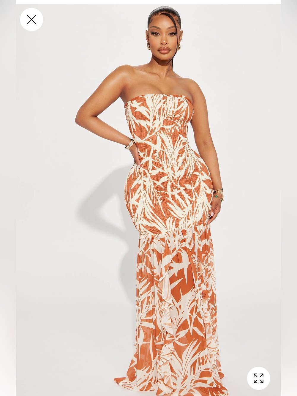 Fashion Nova “Amaya” Tropical Maxi dress Cognac and Cream